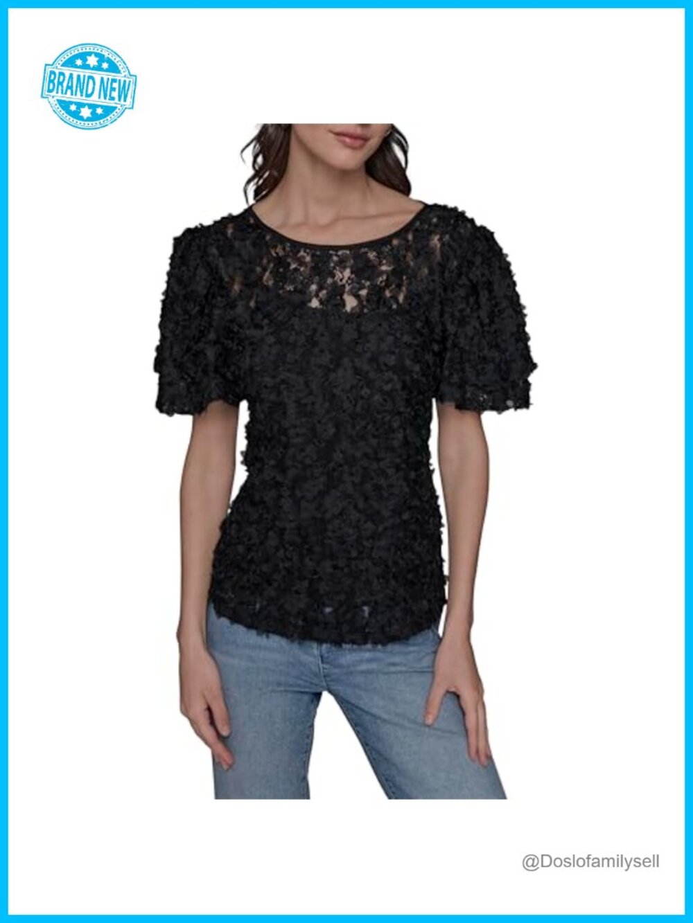 Ruffle Crew Neck Lace Top Floral Short Sleeve Blouse